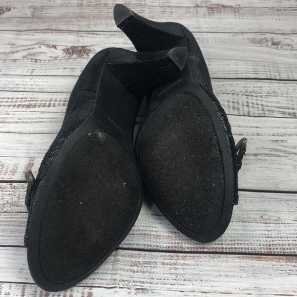 EUC Black heels, faux snakeskin, peep toe with buckles. Size 7. - Picture 6 of 11